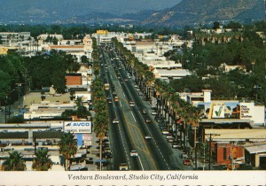 Aerial view of Ventura Blvd. looking east toward Laurel Canyon Blvd., Studio City.